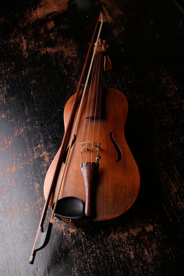 Home A beautifully crafted violin rests on a dark wooden surface, evoking a classic and artistic mood.
